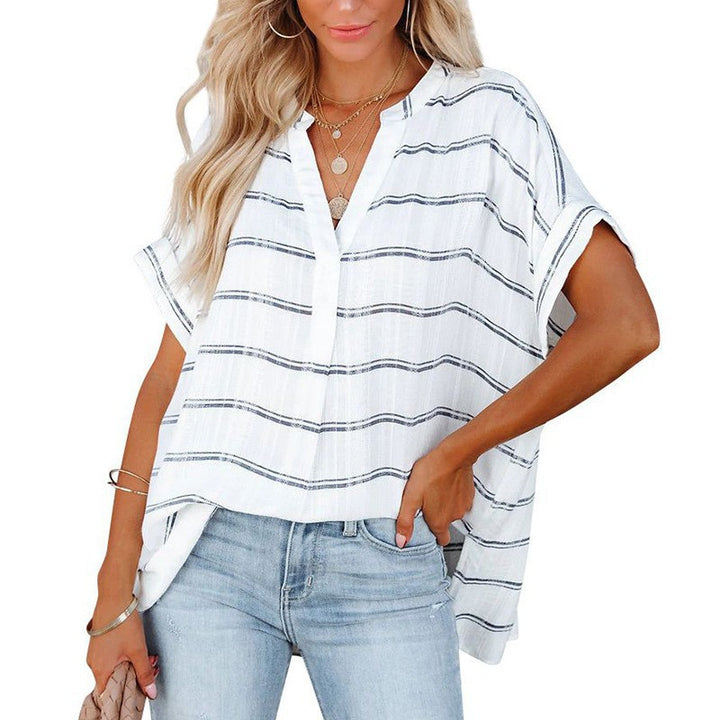 Casual short sleeve shirt for women with deep V-neck and rolled-up sleeves Lune London
