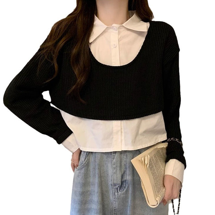 Women's Cropped Knit Sweater with Integrated Shirt