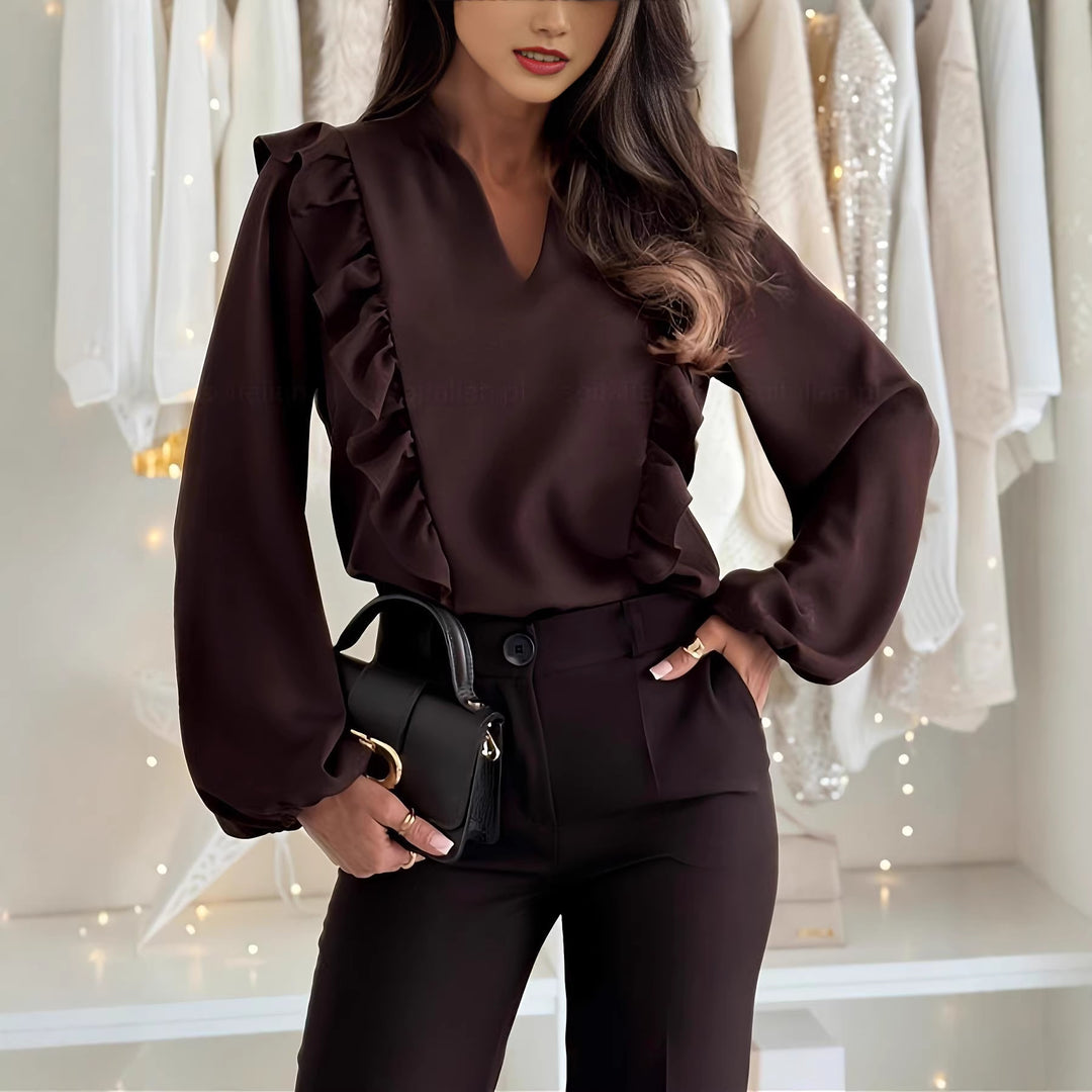 Ladies elegantly tailored blouse with ruffle details and V-neck Lune London