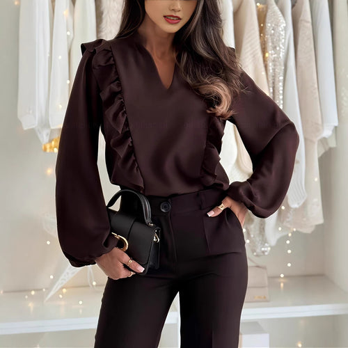 Ladies elegantly tailored blouse with ruffle details and V-neck Lune London