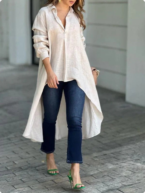 Casual blouses for women - Long T-shirt in high-quality linen blend Lune London
