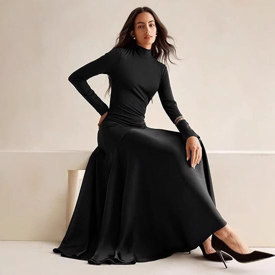 Ladies Elegant Maxi Dress with Long Sleeves, High Collar and Chic Flowing Skirt
