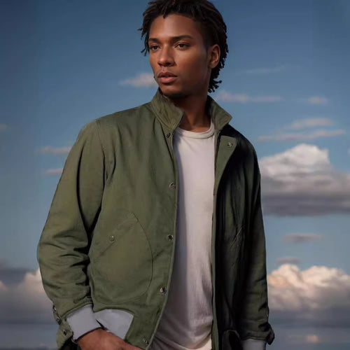 Transition jacket for men with high collar and practical pockets Lune London
