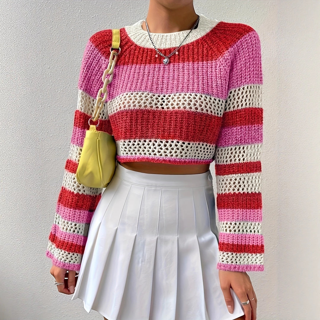 Knitted sweater for women with a playful hollow pattern and colorful stripes Lune London