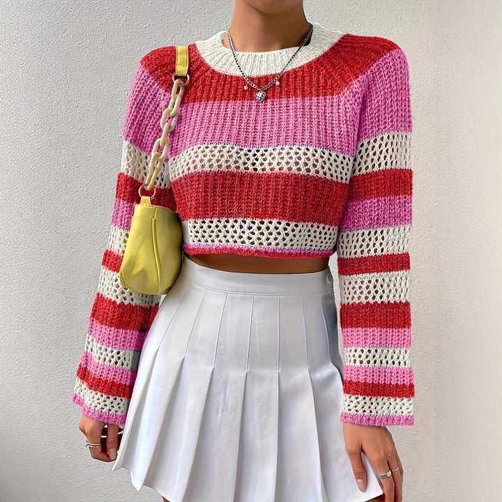Knitted sweater for women with a playful hollow pattern and colorful stripes Lune London