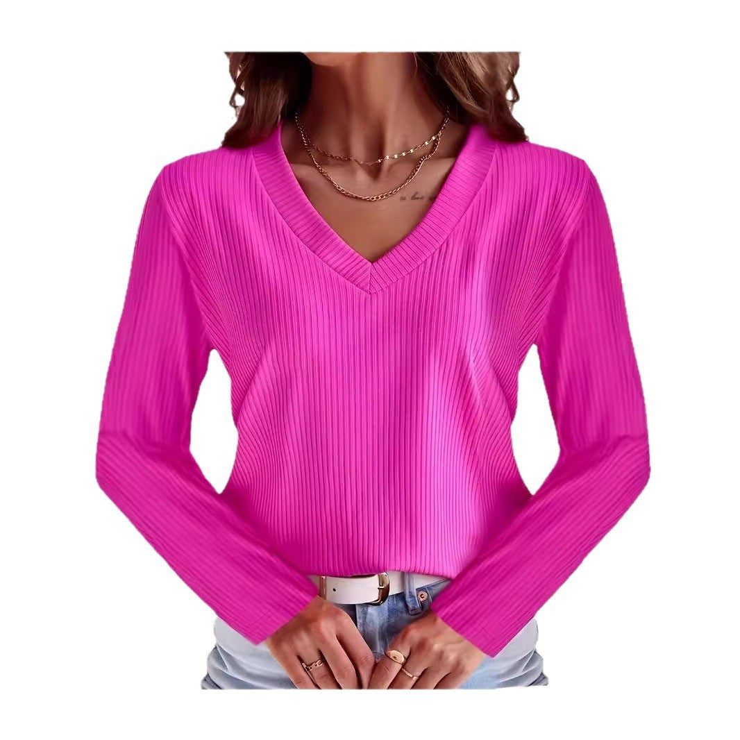 Women Long Sleeve V-Neck Top with Ribbed Structure Lune London