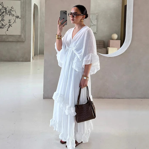 Maxi dress for women with voluminous ruffle details and an elegant V-neck Lune London