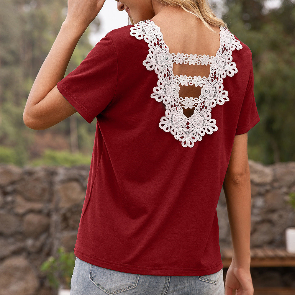 Women's T-shirt with lace detail and V-neck Lune London