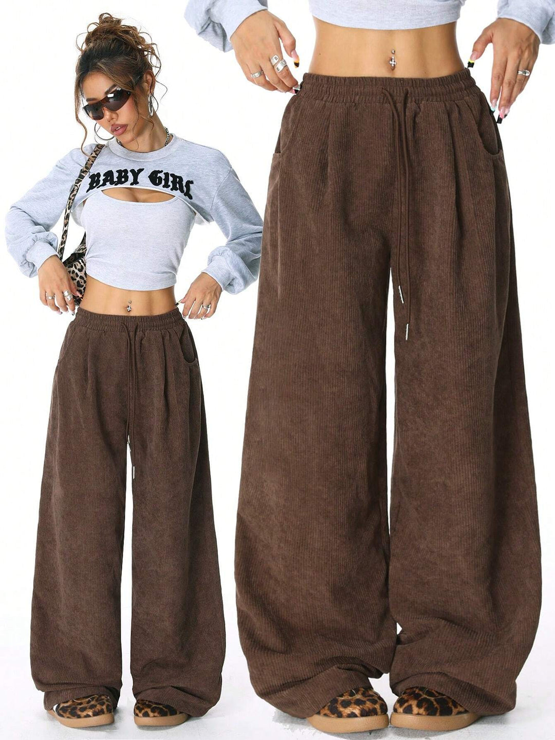 Wide corduroy pants for women with elastic waistband Lune London