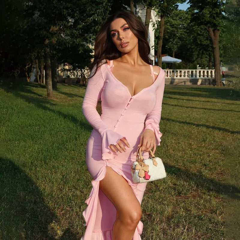 Elegant maxi dresses for women with ruffles and button placket Lune London