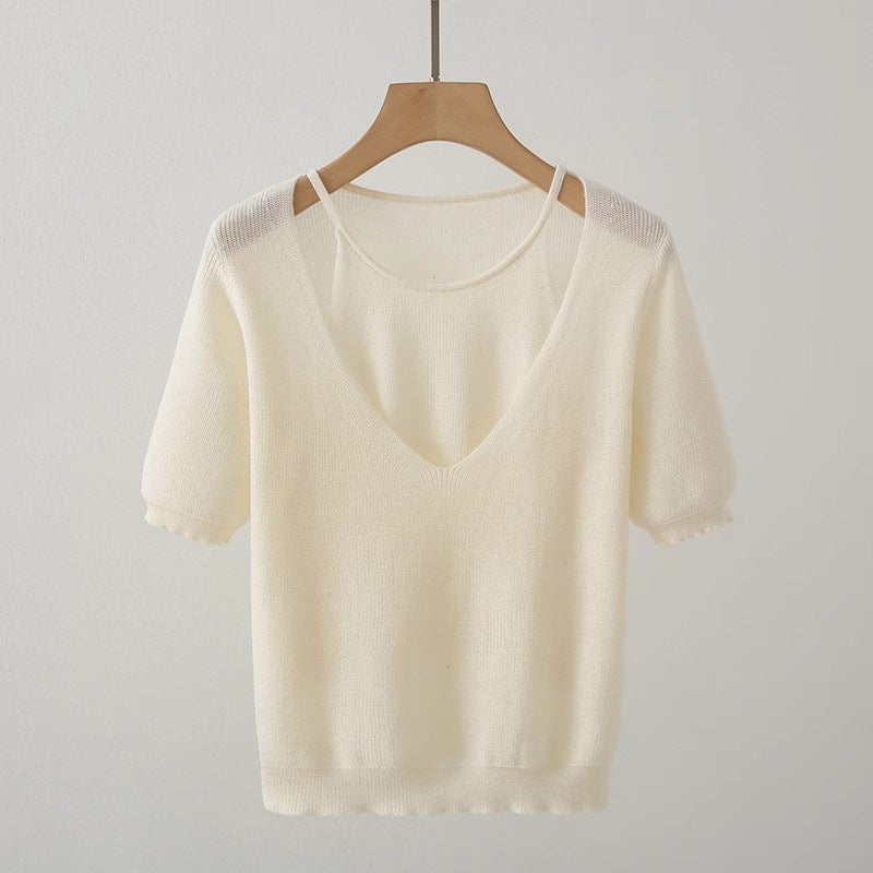 Casual V-neck knitted sweater for women with short sleeves Lune London