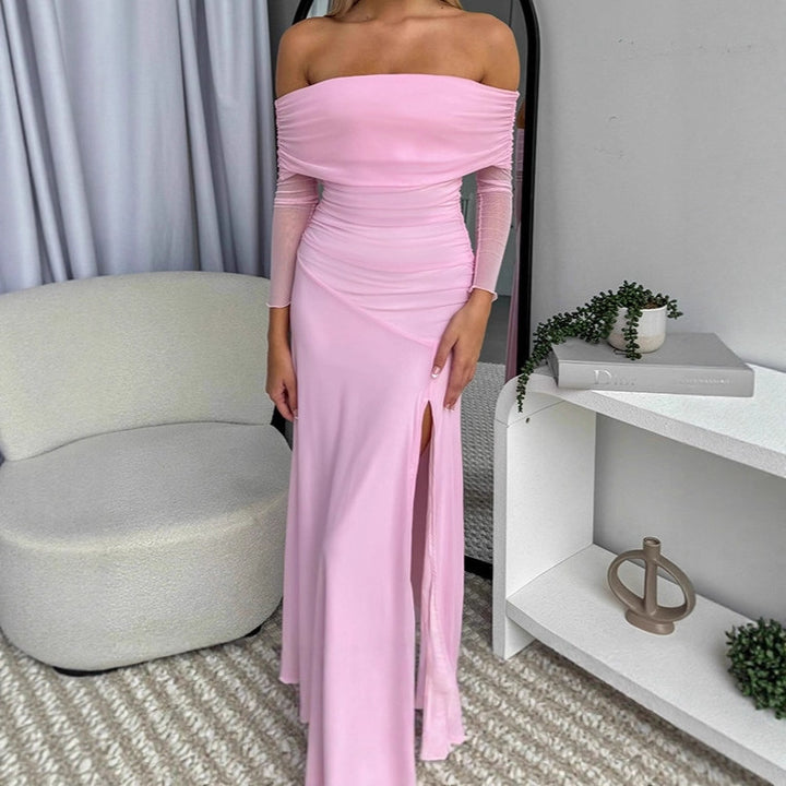 Chic maxi dress for women with off-shoulder design and side slit Lune London