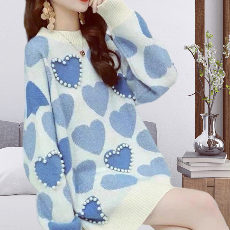 Ladies Knitted sweater with heart-shaped appliqués and ribbed collar Lune London