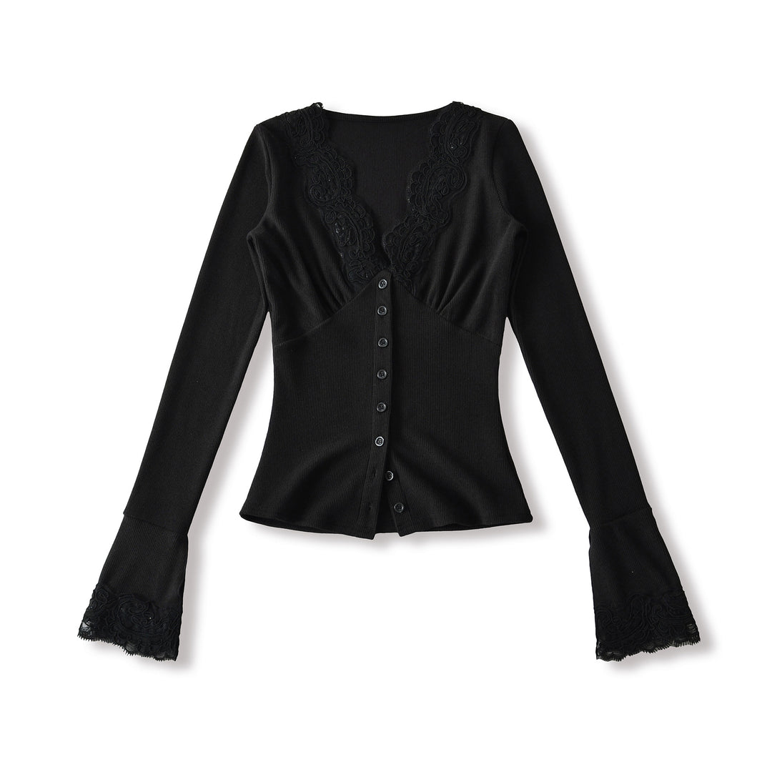 Women's long sleeve t-shirt with feminine lace collar and button detail Lune London