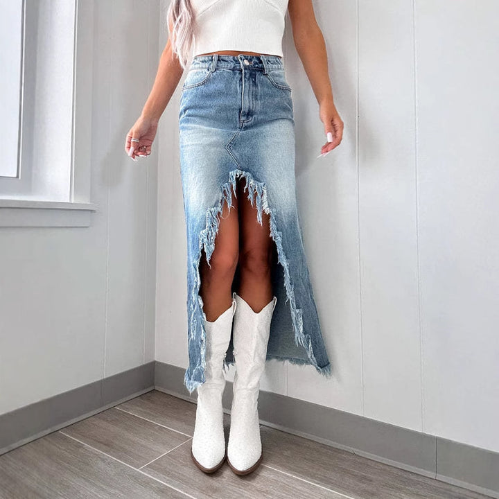 High-waisted denim skirt for women with fringes and slit Lune London