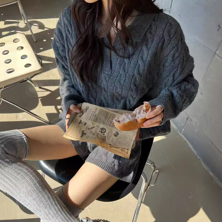 Knit sweater for women with trendy cable pattern and deep V-neck Lune London