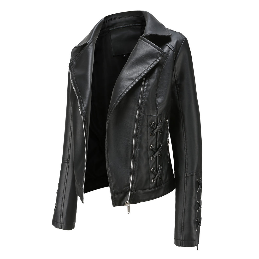 Ladies elegant biker jacket in faux leather with decorative lace details Lune London