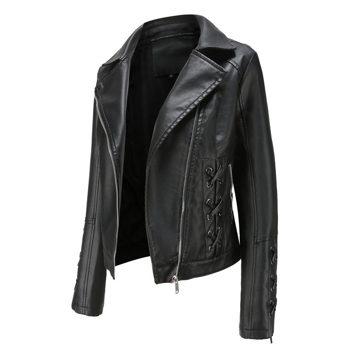 Ladies elegant biker jacket in faux leather with decorative lace details Lune London
