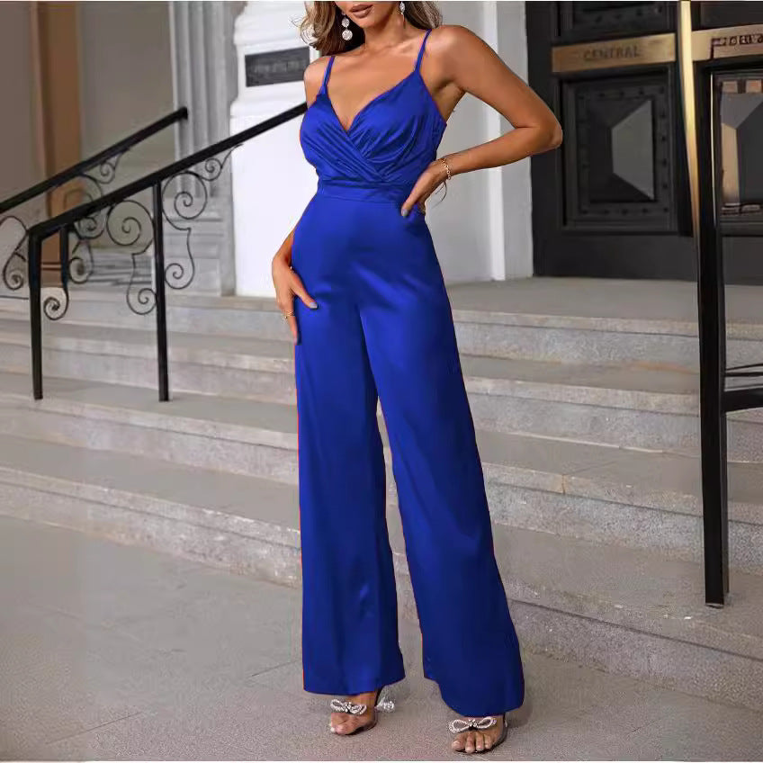 Ladies elegant jumpsuit with fitted draping and thin straps Lune London