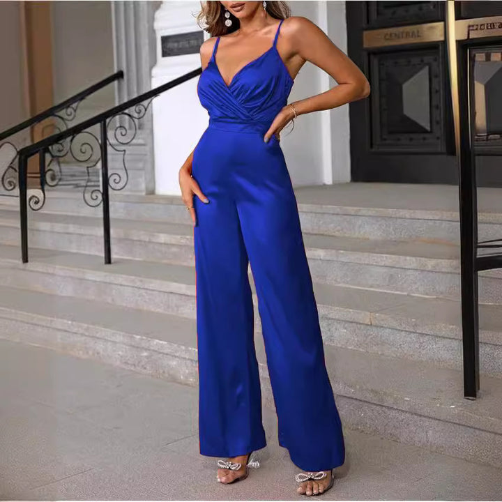 Ladies elegant jumpsuit with fitted draping and thin straps Lune London
