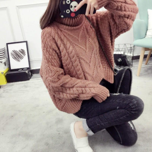 Thick knit pullover for women with high collar and cable pattern Lune London