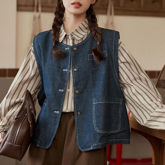 Gilet en denim pour femmes avec fermeture à boutons et poches Chic & Stil