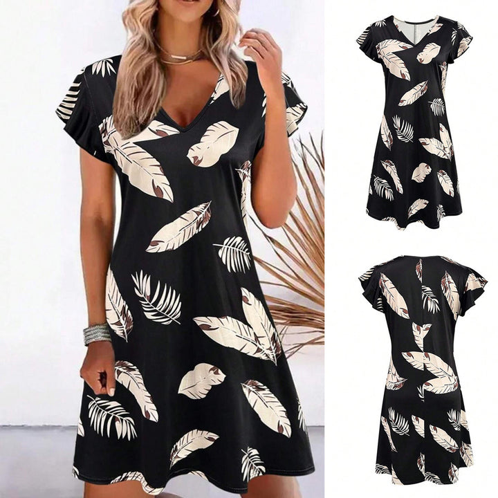 Ladies V-Neck Tropical Print A-Line Dress Lune London