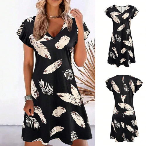 Ladies V-Neck Tropical Print A-Line Dress Lune London