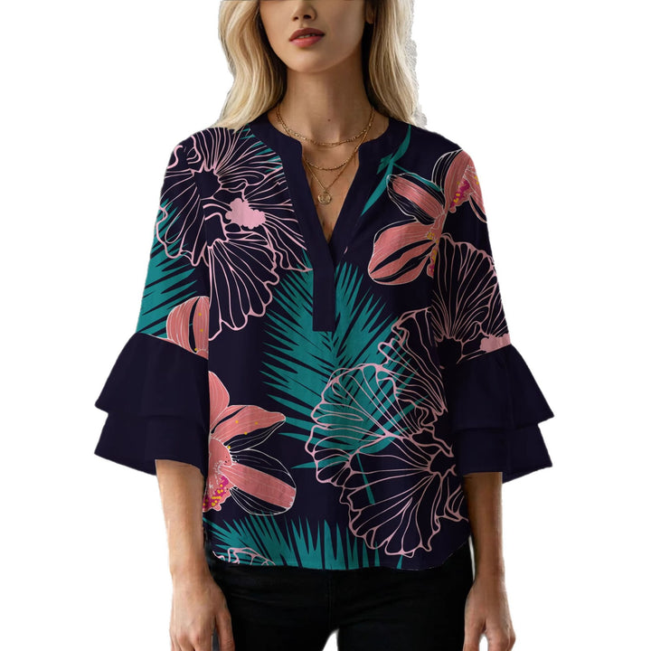 Ladies blouse with voluminous ruffled sleeves and floral print Lune London