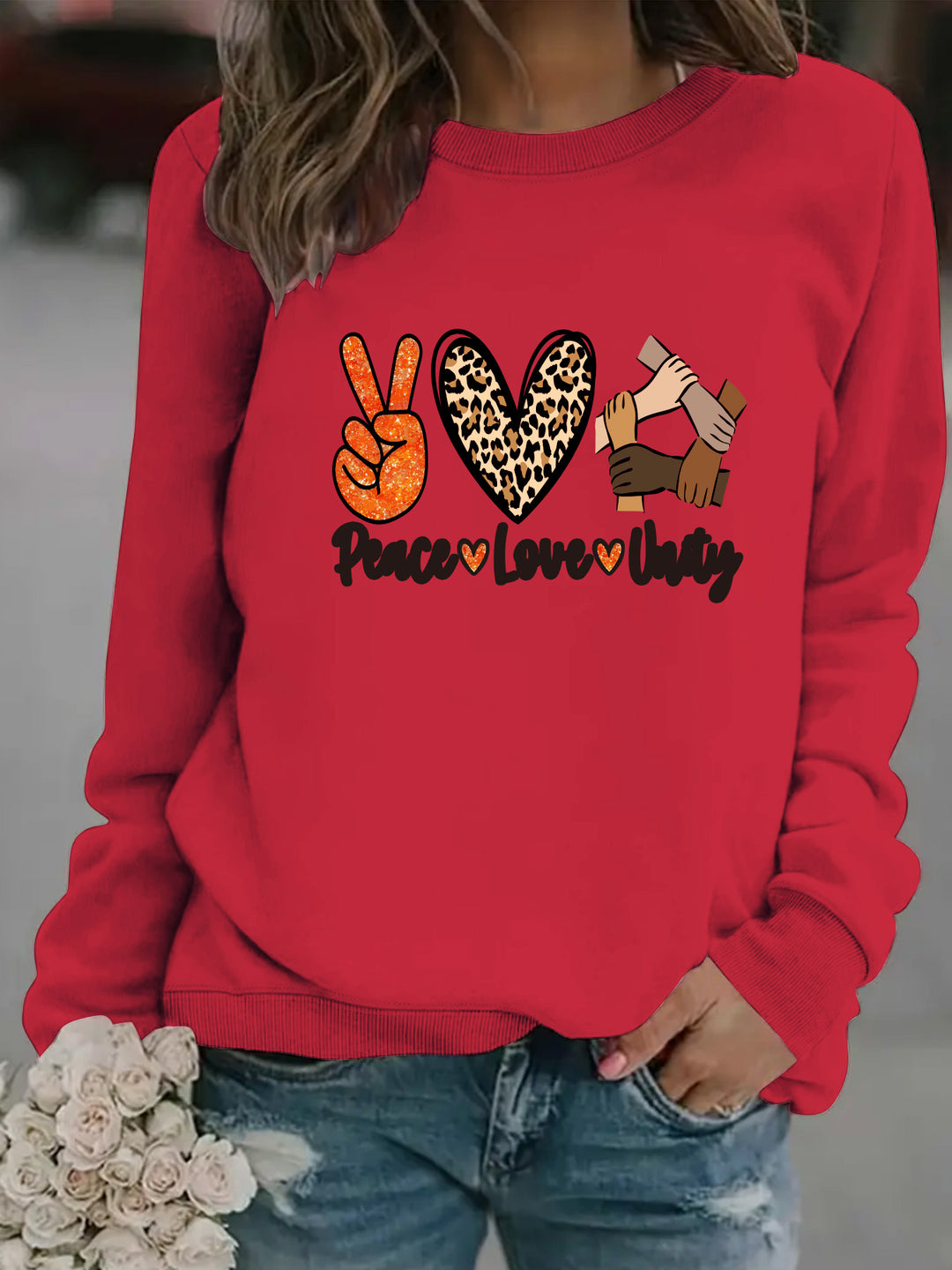 Sweatshirt pour femmes avec un design créatif Paix, Amour & Unité Chic & Stil