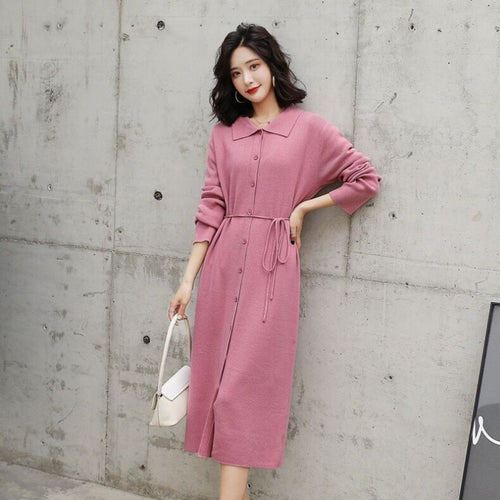 Robe tricotée mi-longue pour femme avec ceinture et fermeture à boutons Chic & Stil
