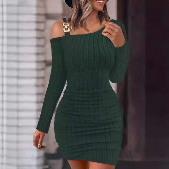 Knitted bodycon dress for women with an asymmetrical shoulder design and decorative accents Lune London