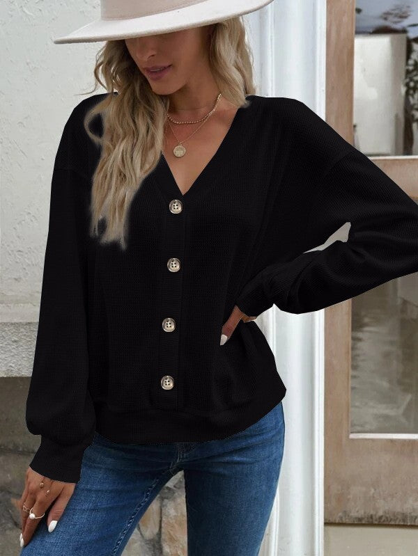 Ladies casual knitted jacket with chic button placket and style
