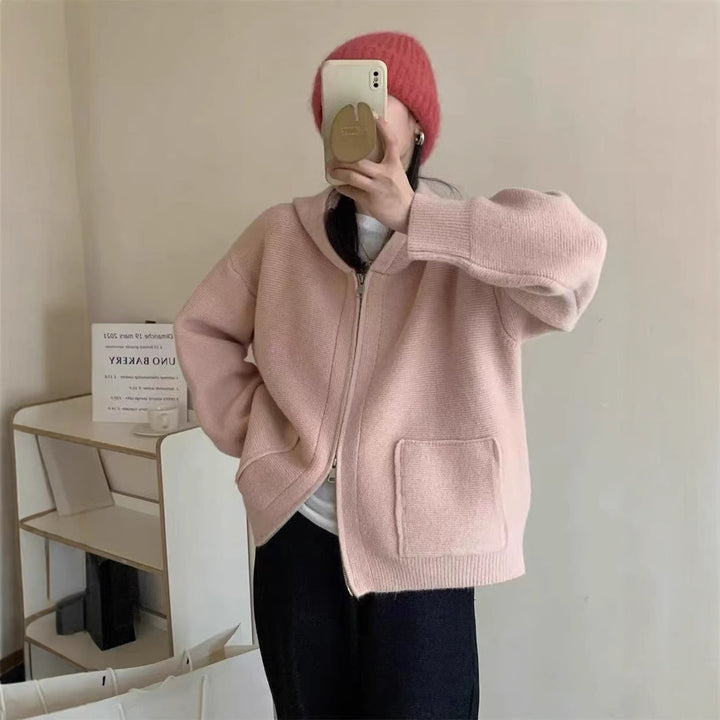 Ladies Casual Oversized Knit Vest with Hood and Pockets Lune London