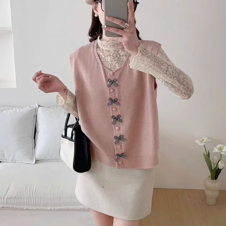 Fashion Knitted Tank Top for Women with Fun Knots and Continuous Button Placket Lune London
