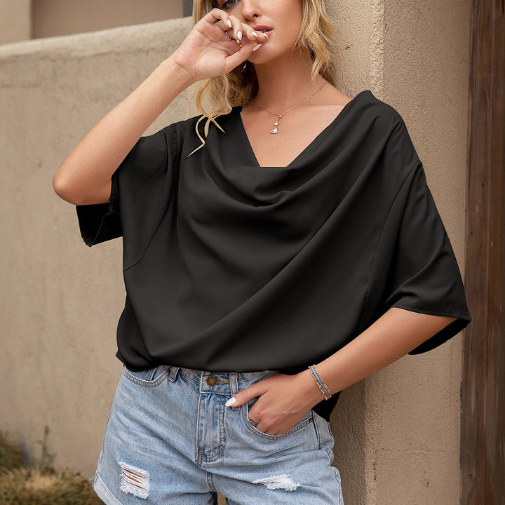 Chic V Neck Decorative Blouse for Women with Asymmetrical Hem