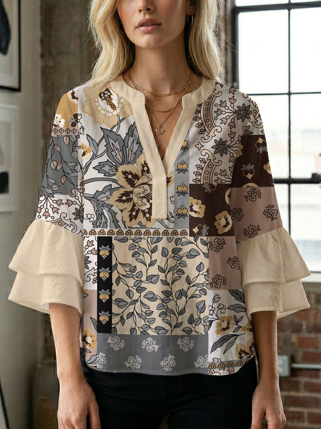 Women's blouse shirt with voluminous sleeves and creative print design Lune London