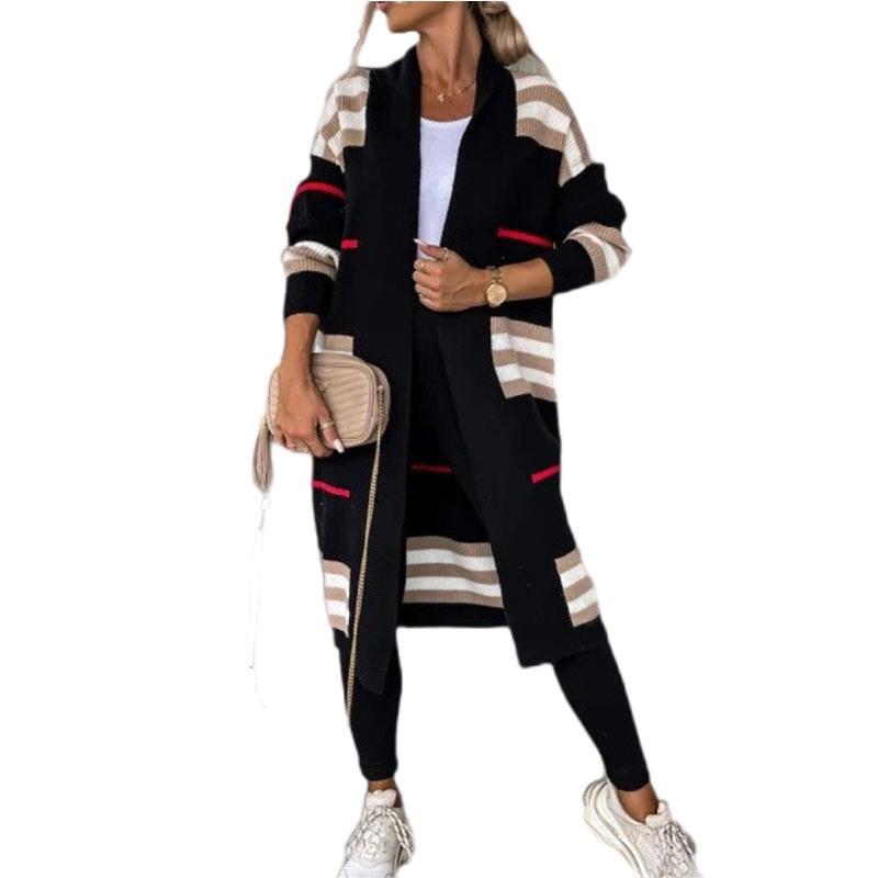 Long knit jacket for women with trendy striped pattern Lune London