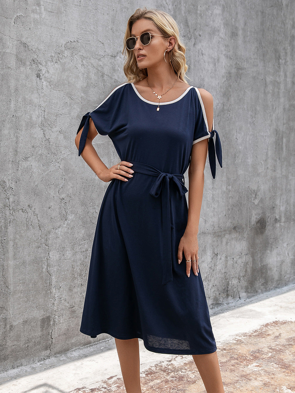 Casual midi dress for women with adjustable belt and bow details Lune London