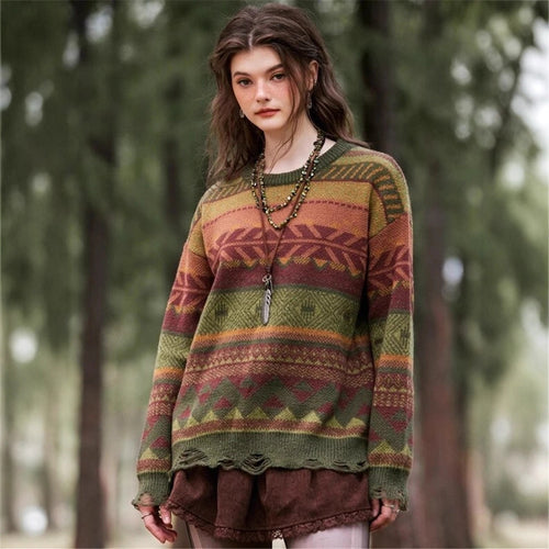 Bohème patterned women's sweater with fringed hem Lune London