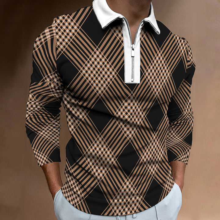Long sleeve polo shirt for men with a trendy check pattern and an elegant zipper Lune London