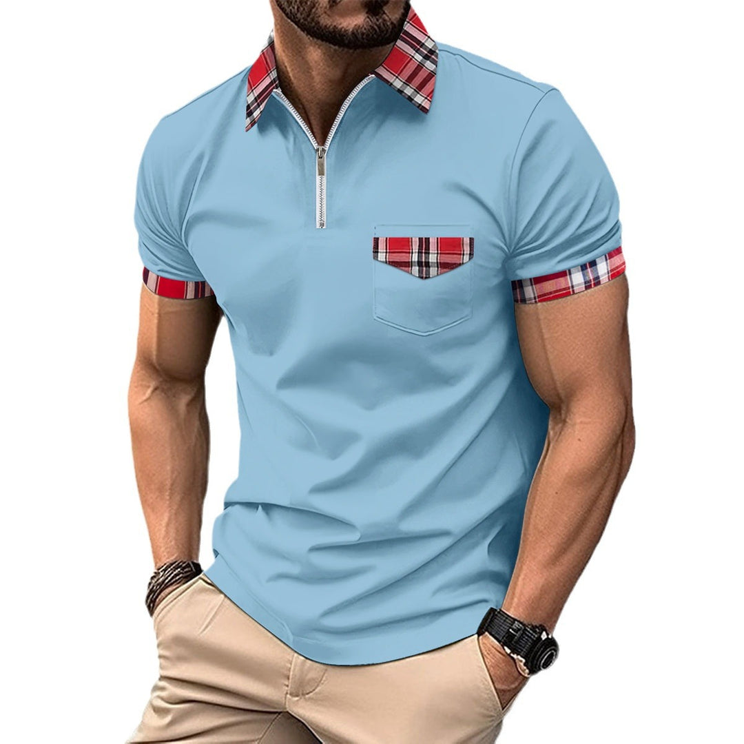 Men's modern half-zip polo with chic and stylish check detail
