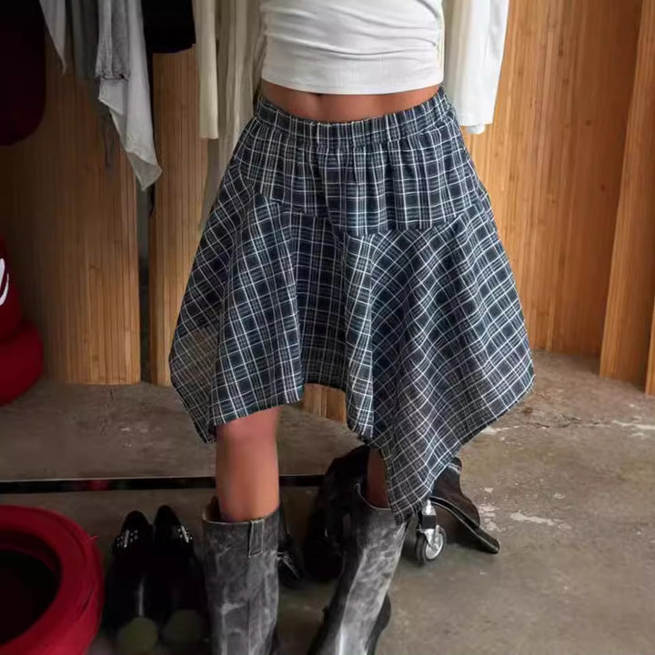Asymmetrical checked skirt for women with elastic waist Lune London