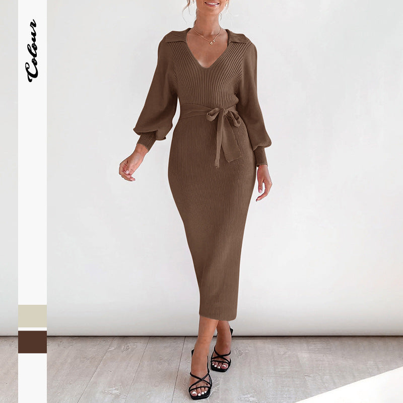 Knit dress for women with a waist belt and beautiful V-neck Lune London
