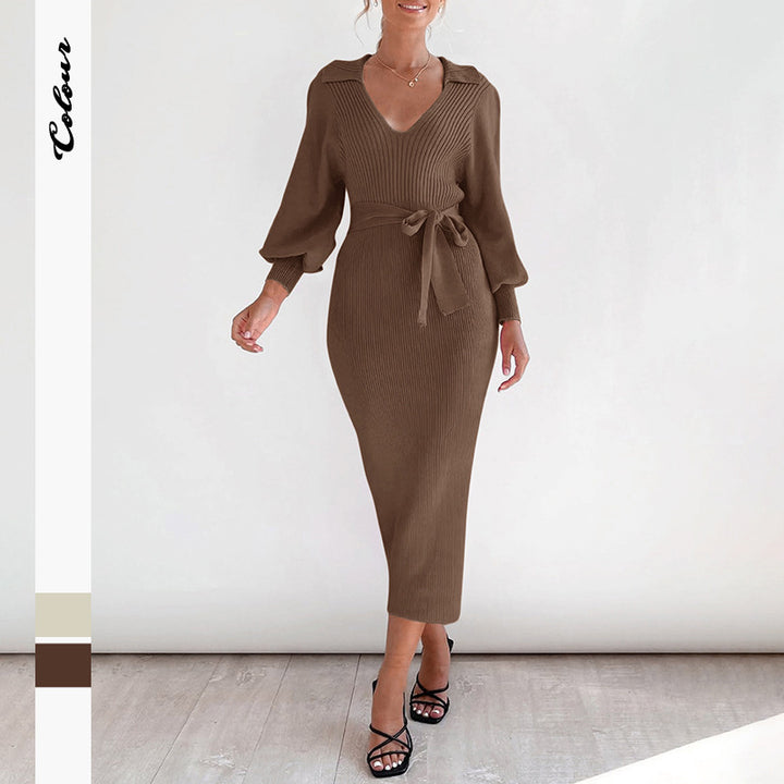 Knit dress for women with a waist belt and beautiful V-neck Lune London