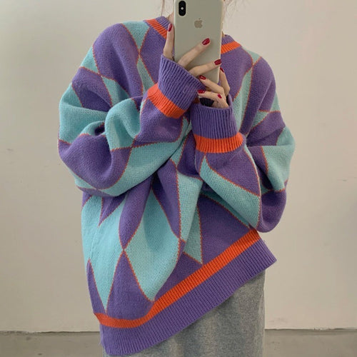 Pull-over tricoté surdimensionné pour femmes avec motif géométrique et contrastes de couleurs Chic & Stil