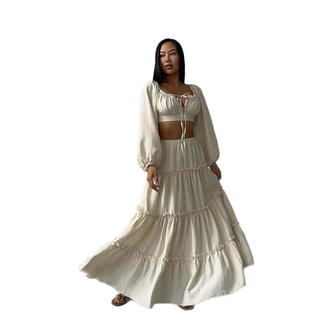 Lune London women's summer crop-top and skirt set with ruffle details