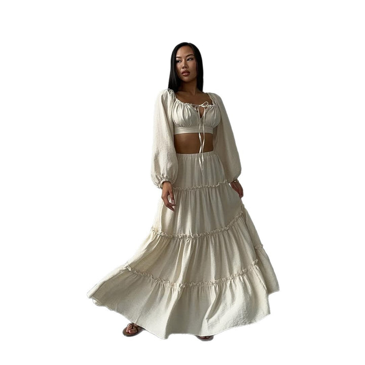 Lune London women's summer crop-top and skirt set with ruffle details