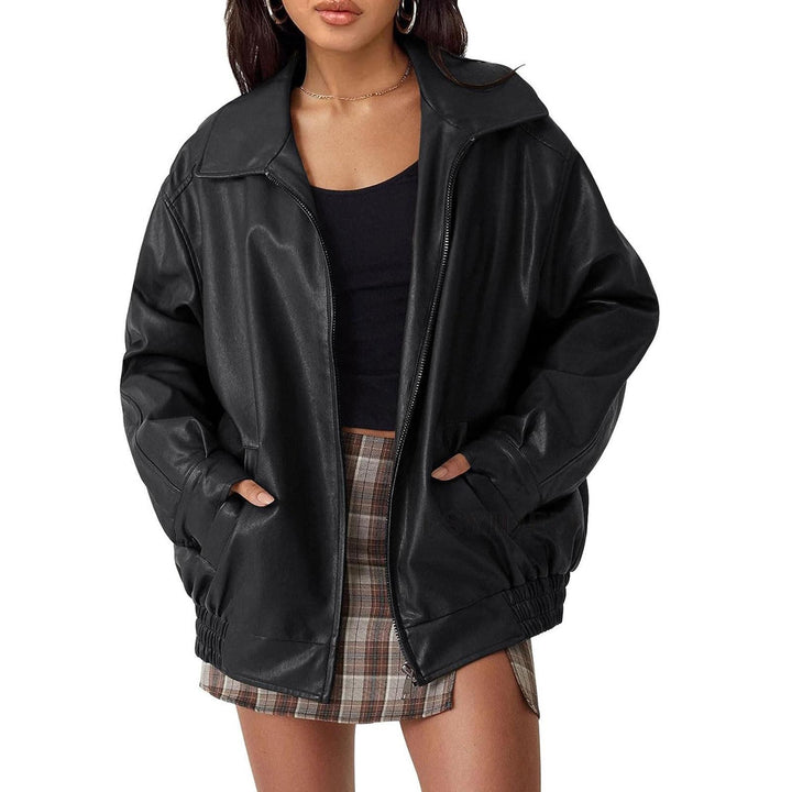 Casual faux leather jacket for women with elastic waist and practical pockets Lune London