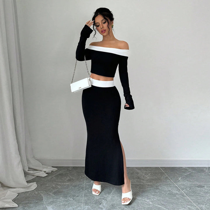 Chic & Stil Women's Off-Shoulder Crop Top and Maxi Skirt Set